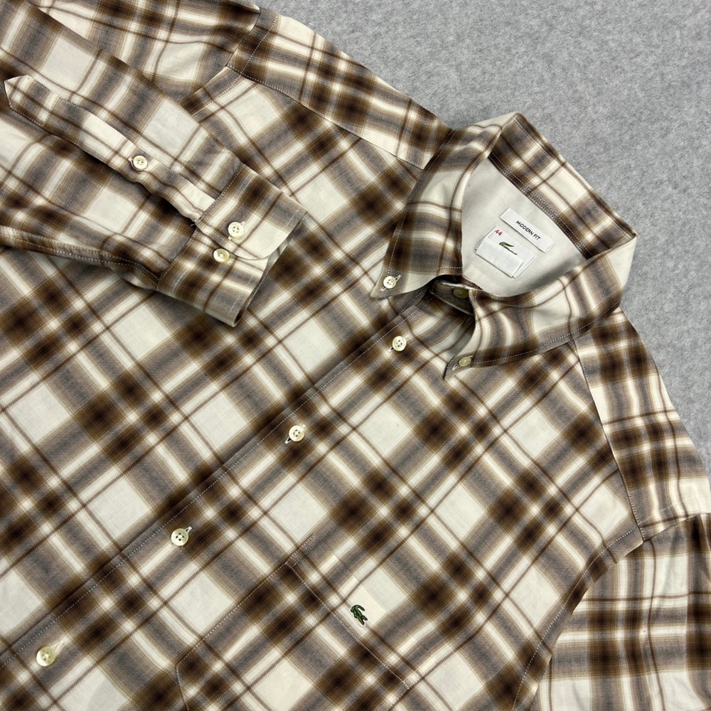 Lacoste Button Up Shirt Mens 44 Brown Plaid Modern Fit Cotton Long Sleeve Croc